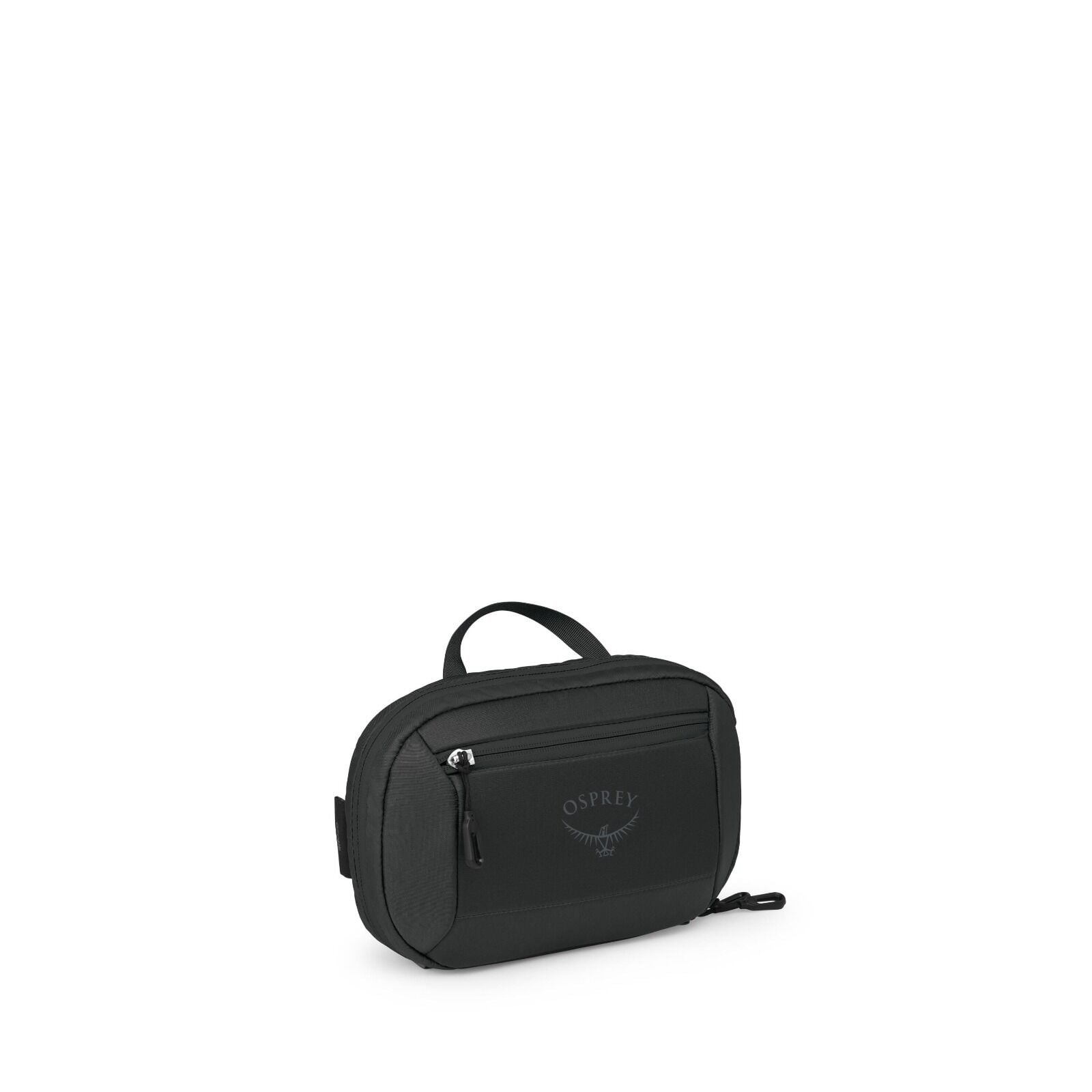 The images show a compact black Osprey pouch or small travel bag. It has a rounded rectangular shape with a short top handle and a front zip pocket bearing the Osprey logo. A main zipper runs around the top and sides, and there's a small side attachment p