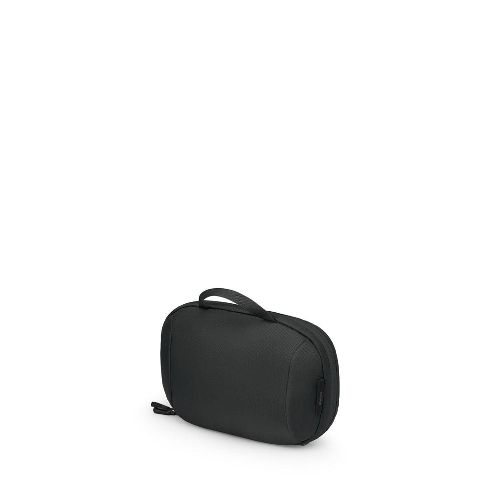 The image shows a small, black zippered pouch with a soft, rounded rectangular shape. It has a short top handle and a zipper pull on one side, suggesting it's designed for easy carrying. The material appears to be smooth, possibly nylon or another durable