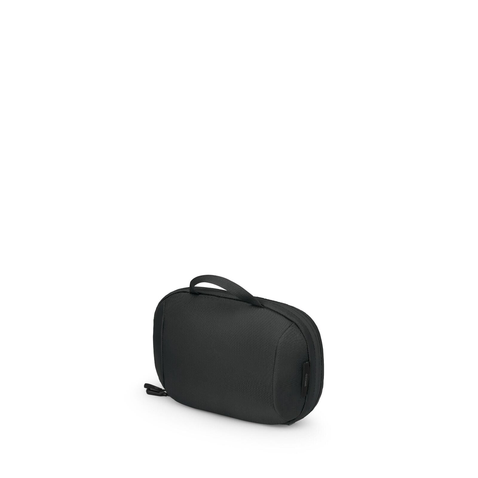 The image shows a small, black zippered pouch with a soft, rounded rectangular shape. It has a short top handle and a zipper pull on one side, suggesting it's designed for easy carrying. The material appears to be smooth, possibly nylon or another durable