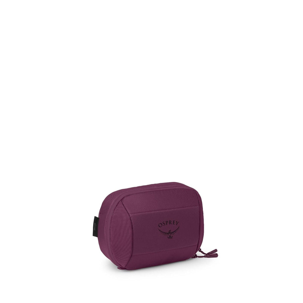A small, zippered pouch is shown from several angles against a plain white background. The bag is a rich purple color with a minimalist, rectangular shape and rounded edges. On the front panel, the Osprey logo is printed in black. Some views display the m