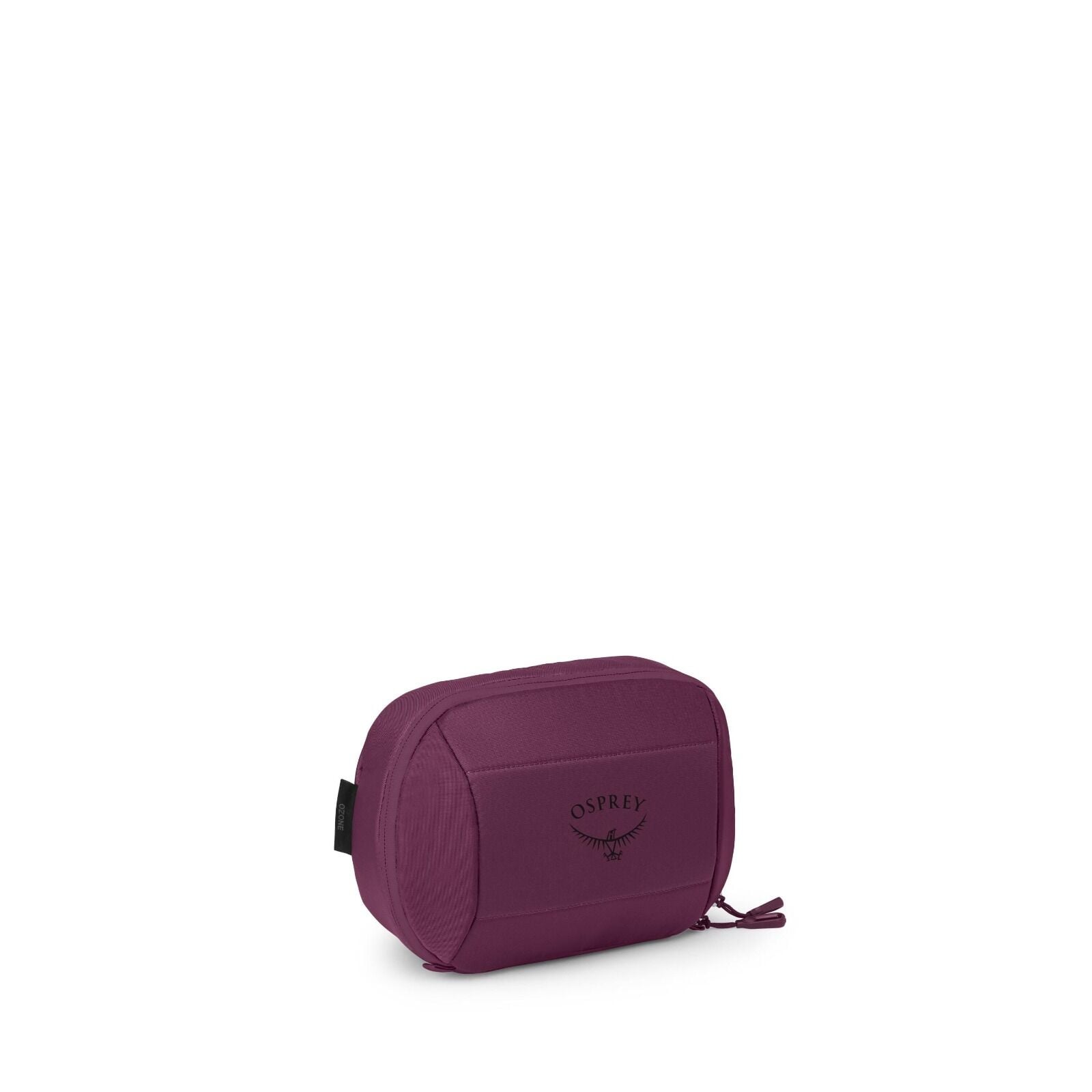 A small, zippered pouch is shown from several angles against a plain white background. The bag is a rich purple color with a minimalist, rectangular shape and rounded edges. On the front panel, the Osprey logo is printed in black. Some views display the m