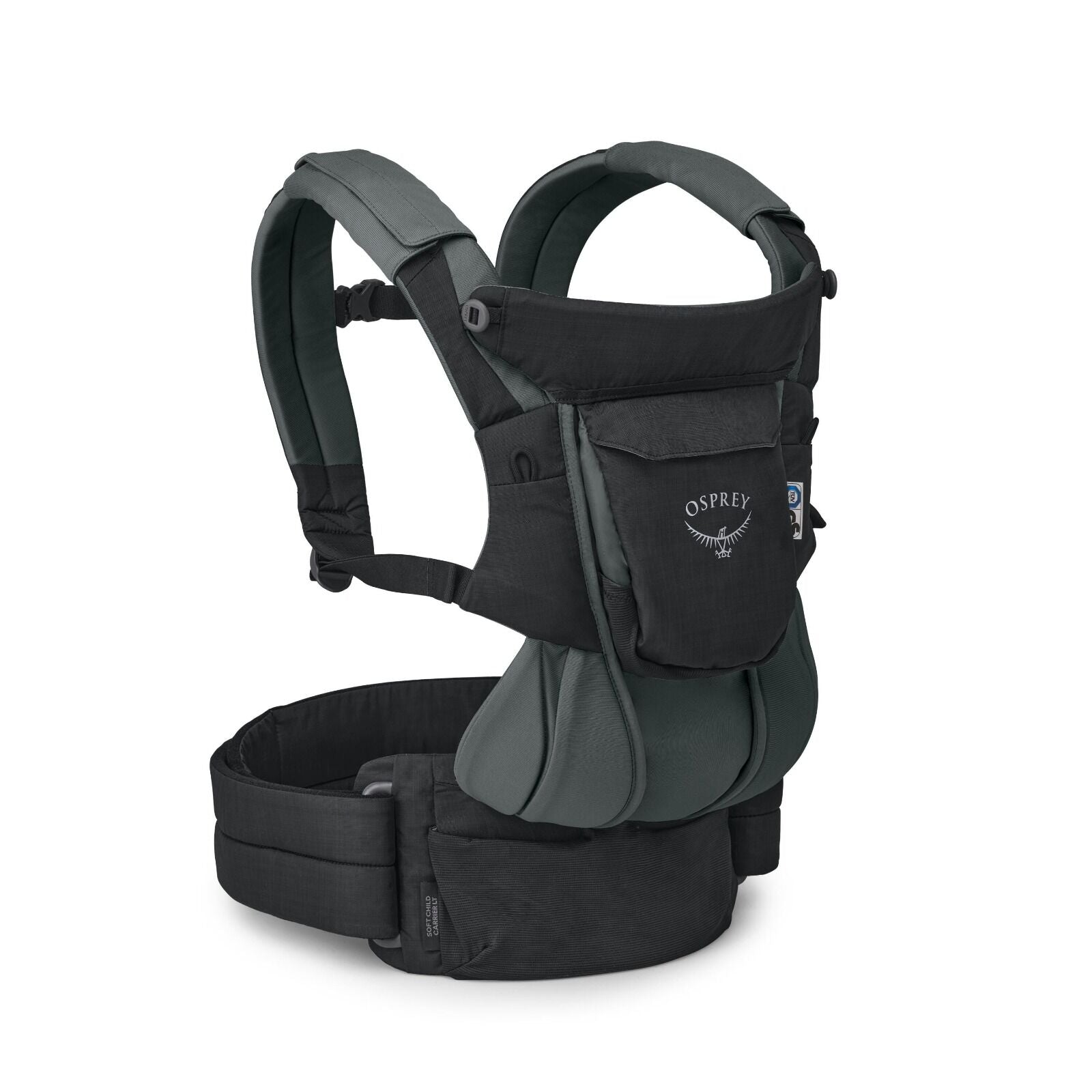 The image showcases an Osprey baby carrier designed for carrying infants comfortably and securely. It features padded shoulder straps and a wide waist belt to help distribute weight evenly and enhance the comfort for the person wearing it. The baby carrie