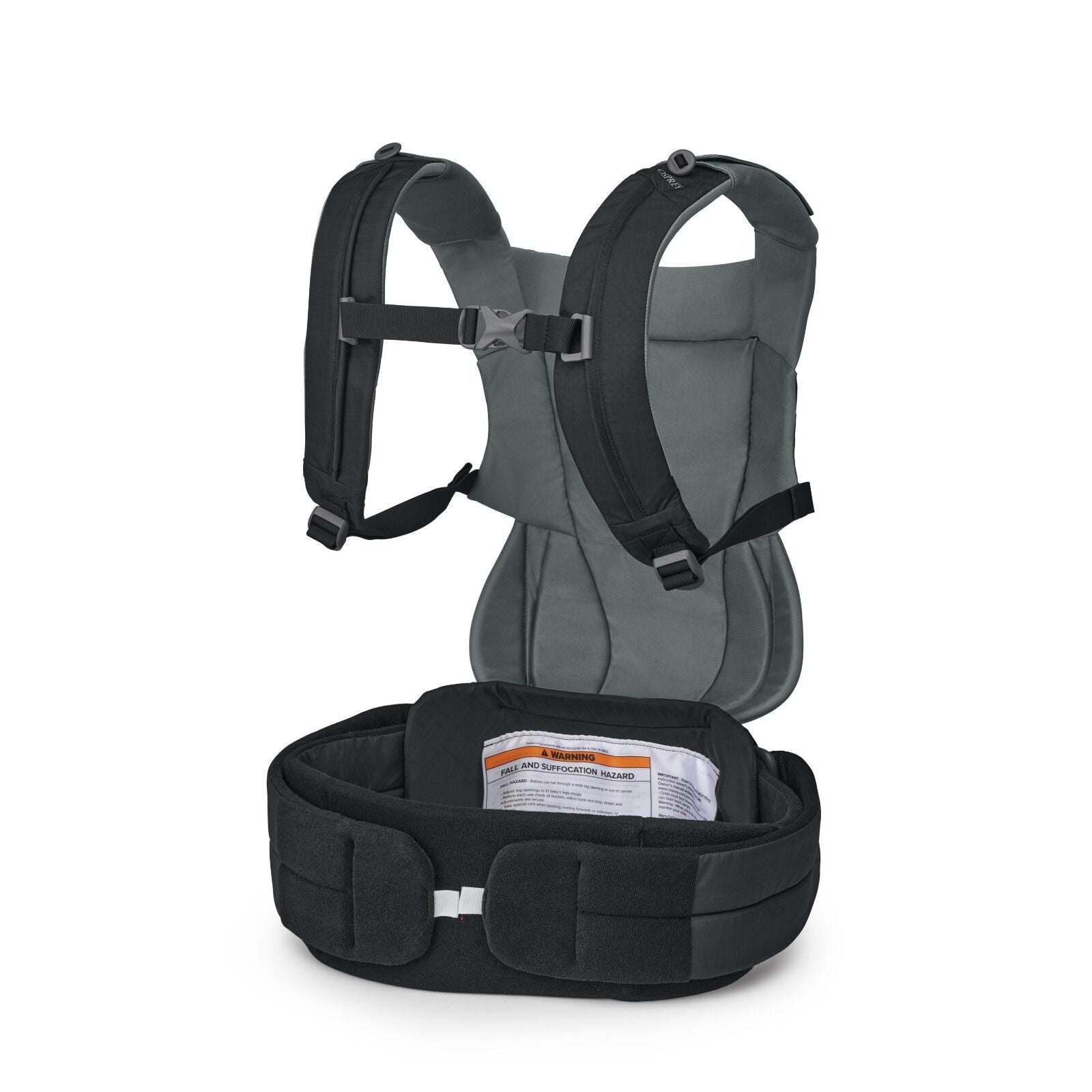 The images depict a baby carrier, showcasing different components and configurations of the product. The first two images present the full baby carrier with padded shoulder straps, a supportive back panel, and a wide waistband that appears to be adjustabl