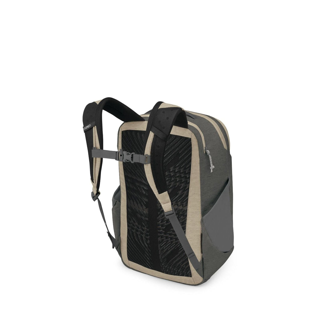 The image shows an Osprey Proxima Earth backpack in a two-tone beige and dark gray colorway. It has a streamlined, boxy shape with multiple zippered compartments, a small front zip pocket with the Osprey logo, and side stretch pockets. Compression straps