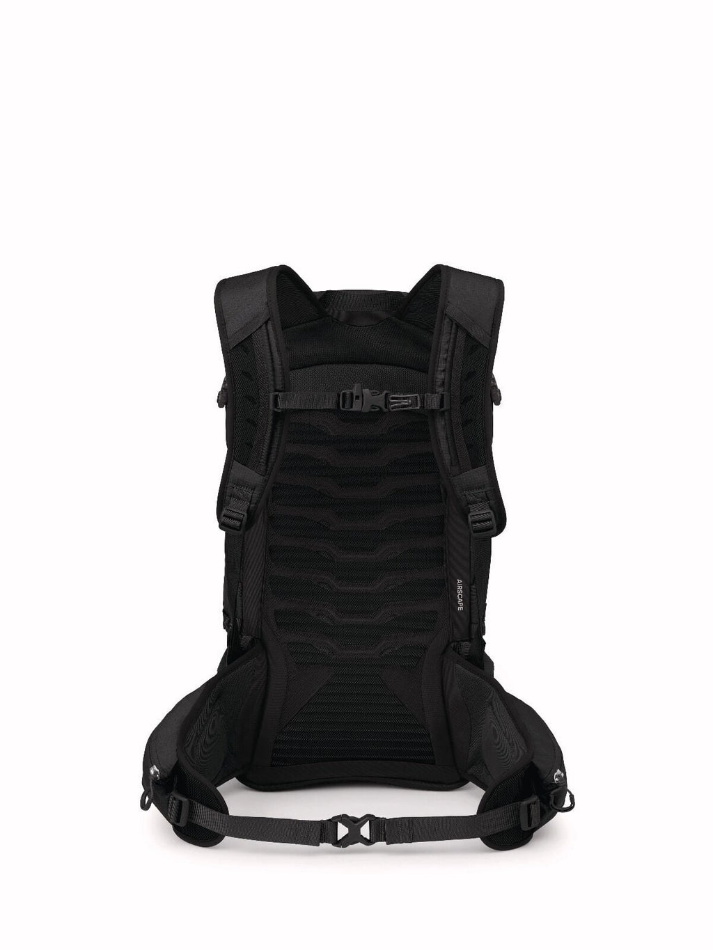 black Osprey backpack with ergonomic shoulder straps, back padding, and waist belt; designed for comfort and support, conveying a sporty feel.