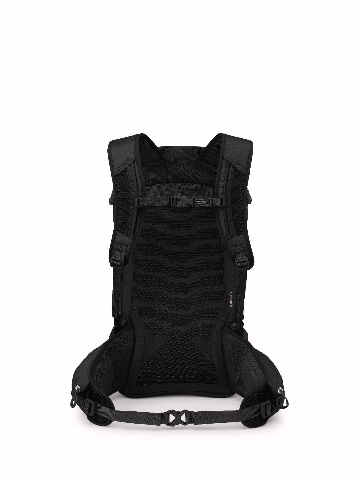 black Osprey backpack with ergonomic shoulder straps, back padding, and waist belt; designed for comfort and support, conveying a sporty feel.