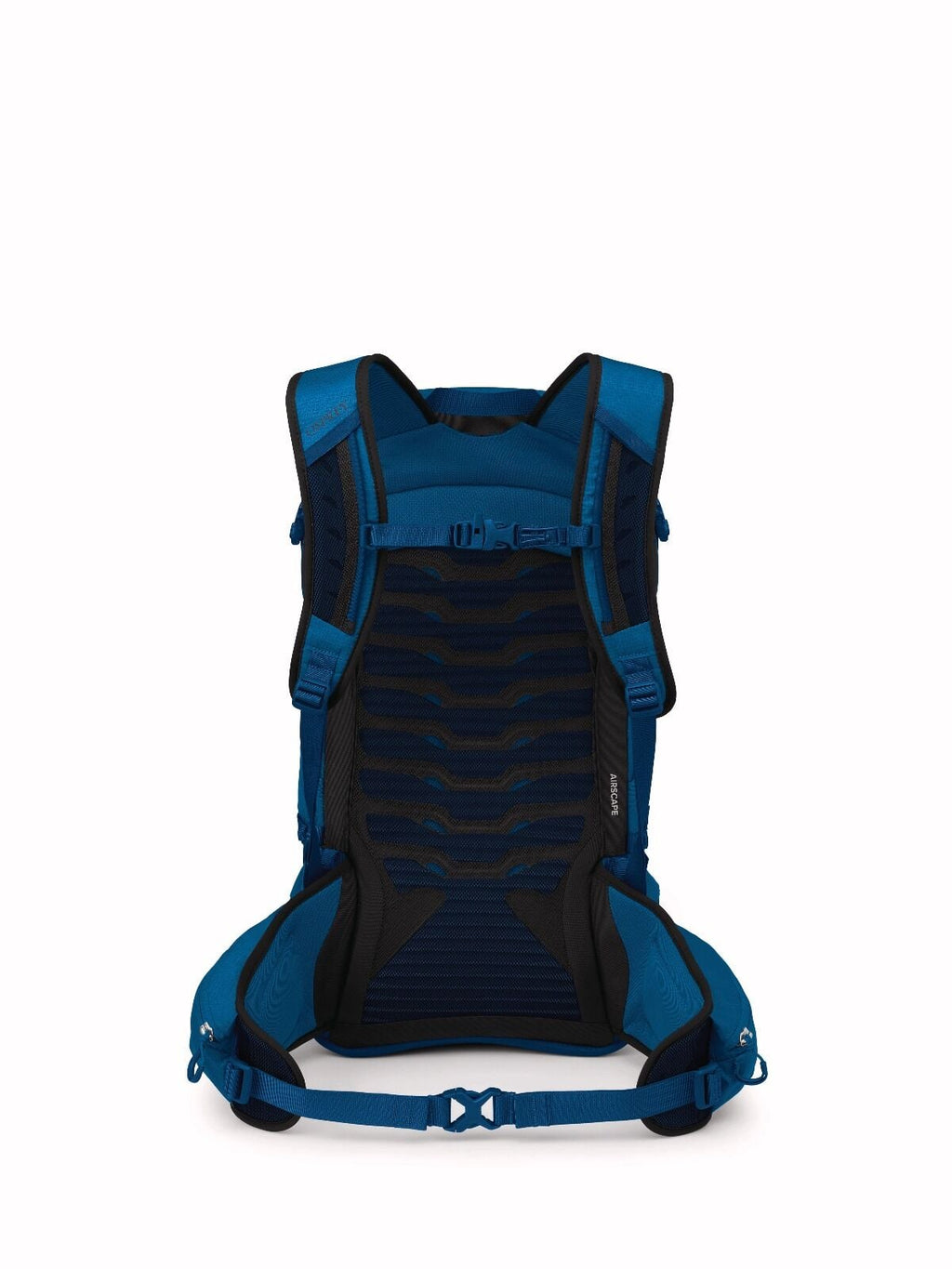 Blue and black Osprey backpack with ergonomic shoulder straps, back padding, and waist belt; designed for comfort and support, conveying a sporty feel.