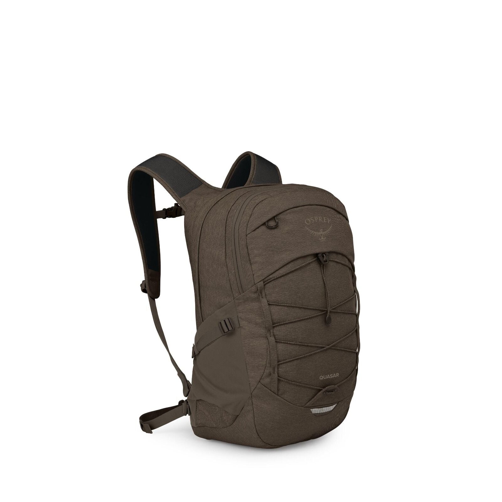 The images show a dark olive Osprey "Quasar" backpack photographed from multiple angles and with exploded views of its components. The pack has a streamlined shape with padded shoulder straps, a sternum strap, and a hip stabilizer strap. On the front is a