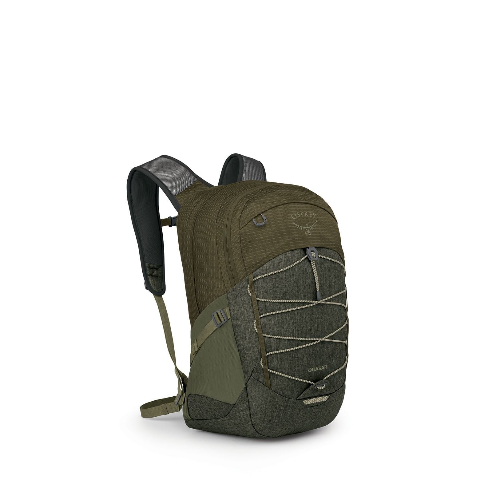 Side image of the Osprey Quasar in the color Moss Green Earl Grey Heather