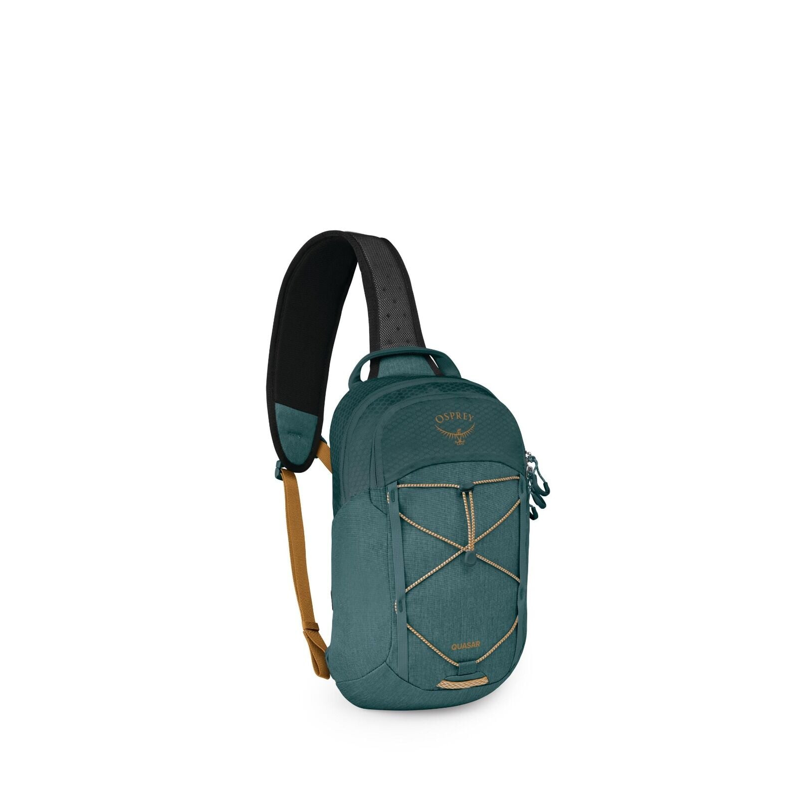 The image shows a teal-colored Osprey backpack with a single shoulder strap. The backpack is designed for one-shoulder carrying, likely intended for casual or urban use. The front of the bag features the Osprey logo, a bungee cord system for additional st