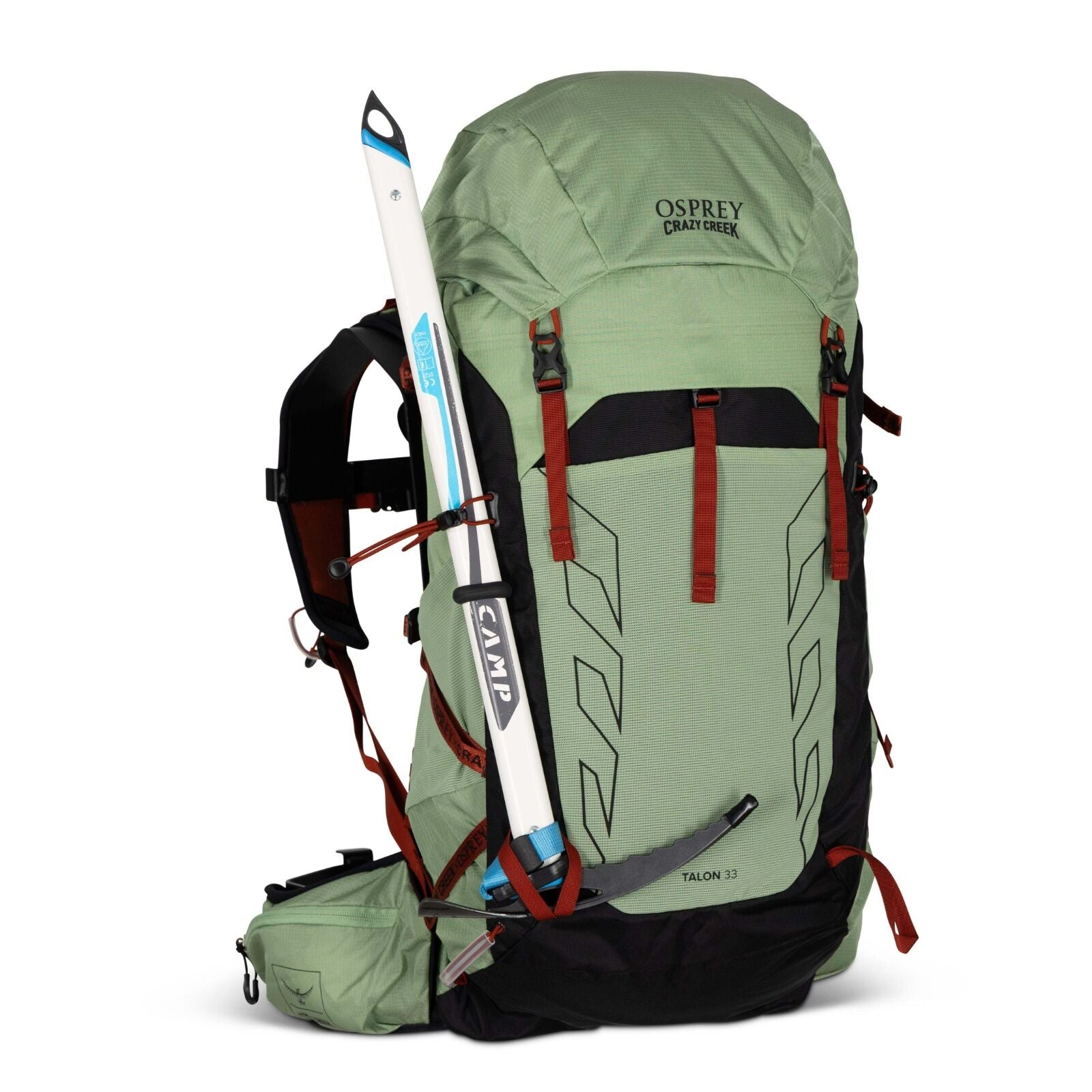 A green Osprey Talon 33 backpack with black accents, featuring straps for gear and a ski secured on the side, ideal for outdoor adventures.