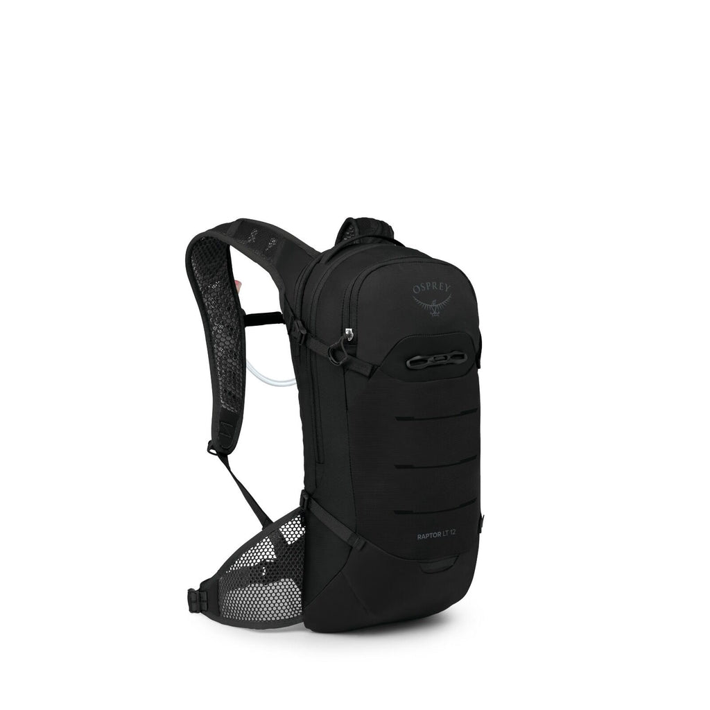 The image shows a sleek, black backpack designed by Osprey, specifically the "Raptor 12" model. It features a streamlined design with a prominent front panel that has several horizontal grooves for added style and functionality. The backpack is equipped w