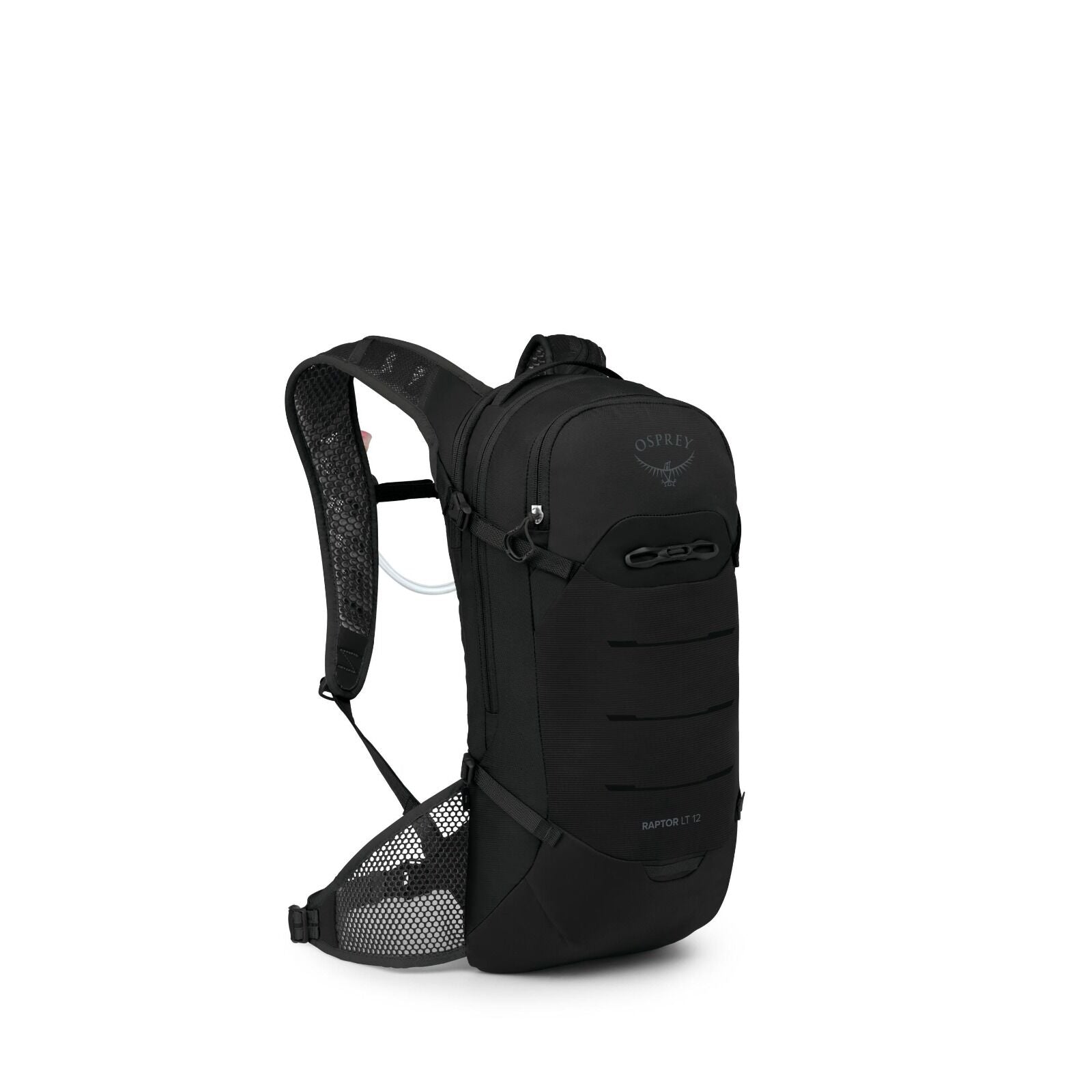 The image shows a sleek, black backpack designed by Osprey, specifically the "Raptor 12" model. It features a streamlined design with a prominent front panel that has several horizontal grooves for added style and functionality. The backpack is equipped w
