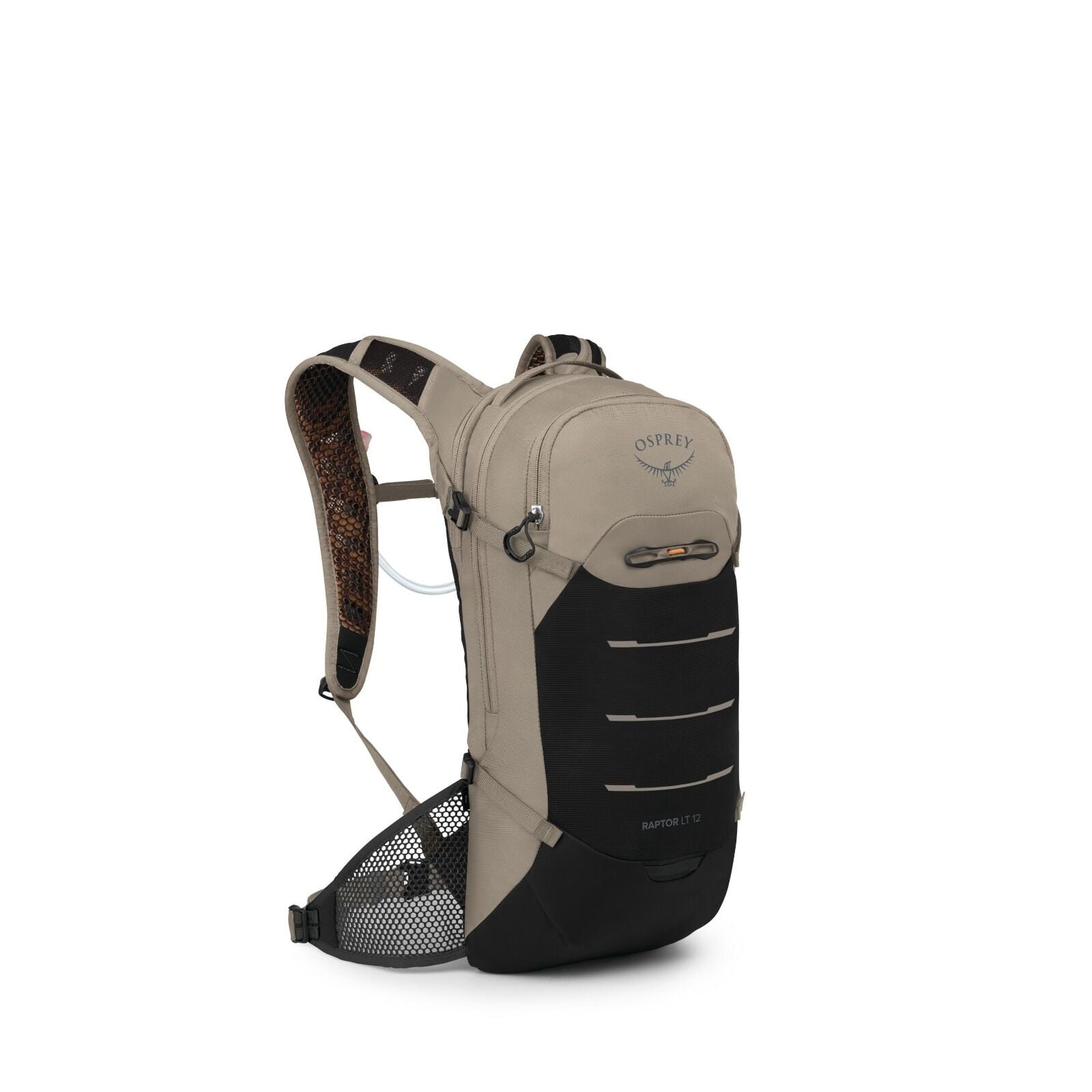 The image shows a lightweight and compact backpack by Osprey, specifically the Raptor LT 12 model. The pack is primarily tan with a contrasting black front pocket area, and it features the Osprey logo on the top front. This backpack is designed with an er