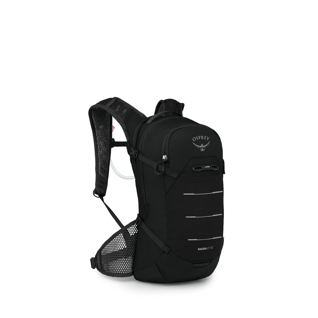 The images showcase a black Osprey Raven 12 LT backpack, designed for outdoor activities. The backpack features several functional elements, including a breathable mesh back panel, adjustable straps, and a compact, streamlined design. The Osprey logo, an