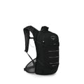 The images showcase a black Osprey Raven 12 LT backpack, designed for outdoor activities. The backpack features several functional elements, including a breathable mesh back panel, adjustable straps, and a compact, streamlined design. The Osprey logo, an