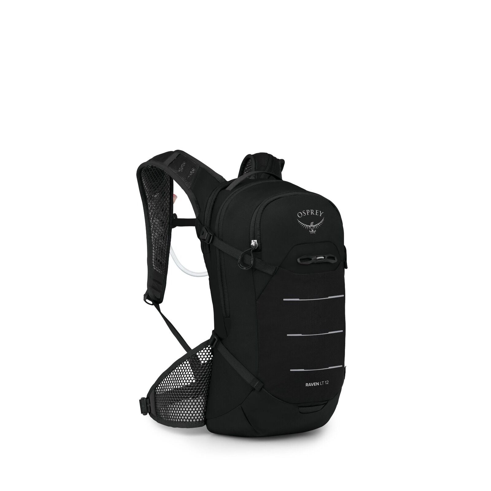 The images showcase a black Osprey Raven 12 LT backpack, designed for outdoor activities. The backpack features several functional elements, including a breathable mesh back panel, adjustable straps, and a compact, streamlined design. The Osprey logo, an