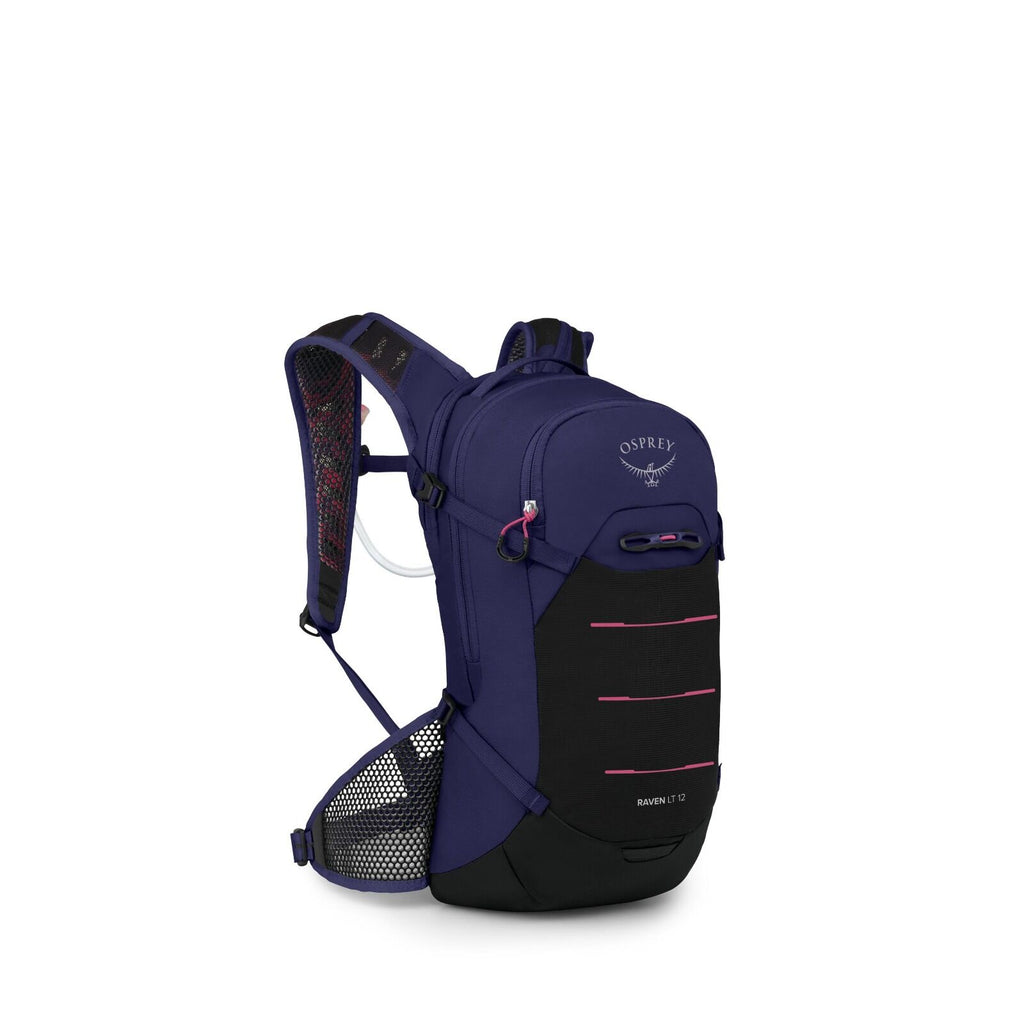 The image features an Osprey Raven 11 backpack in a deep blue and black color scheme with pink accents. This compact backpack has a sleek, aerodynamic design, equipped with a hydration reservoir system, evident from the tube running along the strap. The f