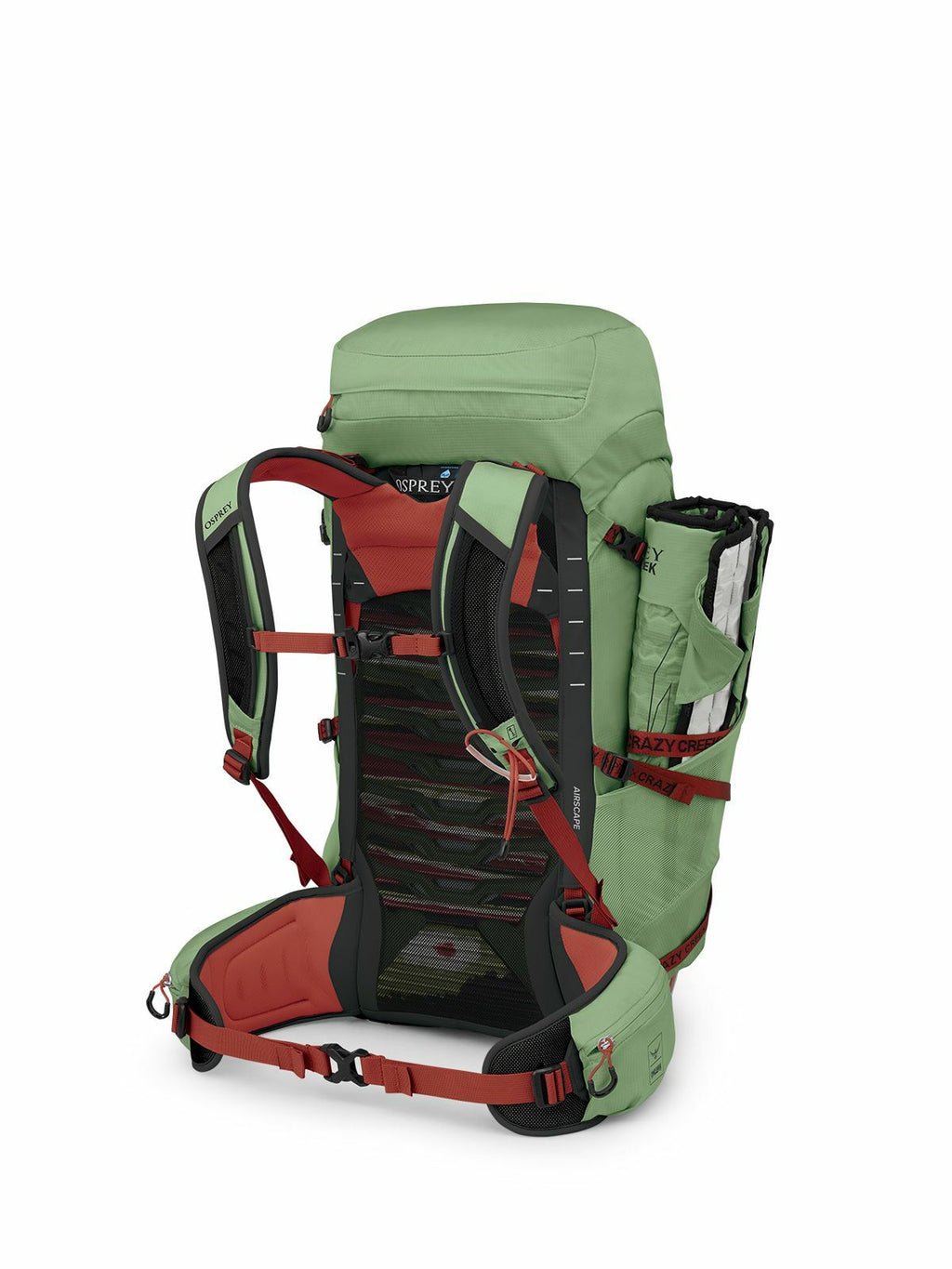 A green and red Osprey backpack showcases its ergonomic design with adjustable straps and multiple compartments for outdoor adventures.