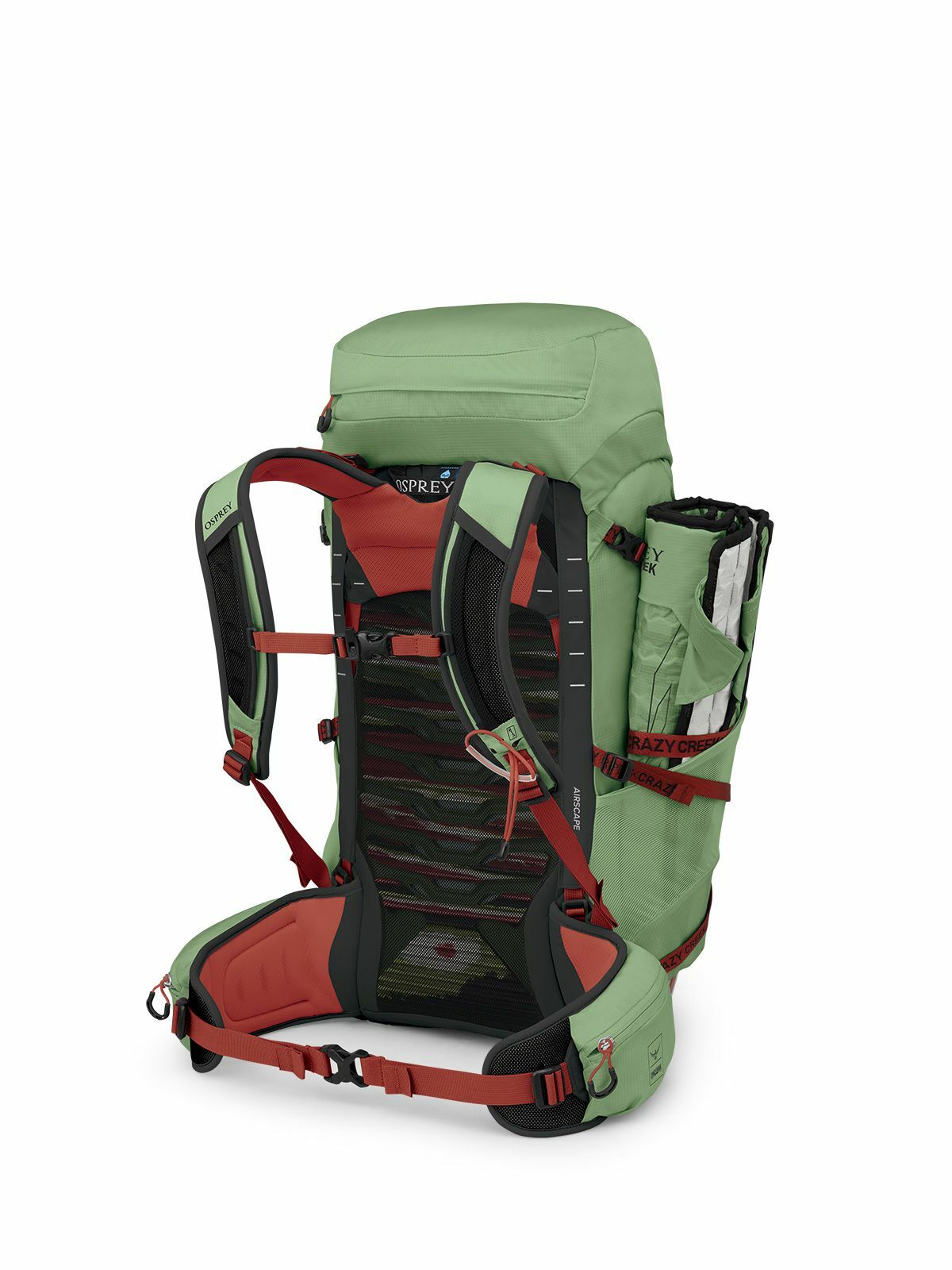 A green and red Osprey backpack showcases its ergonomic design with adjustable straps and multiple compartments for outdoor adventures.