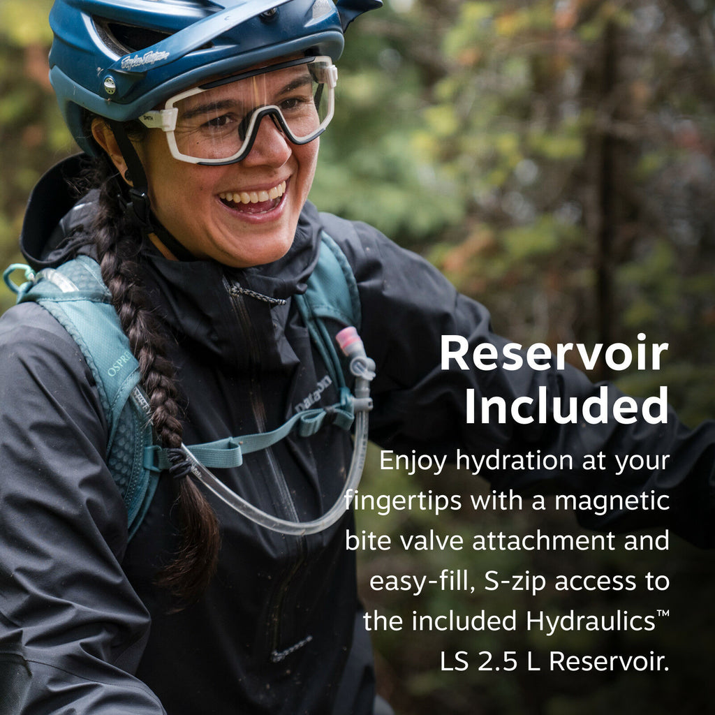 The image depicts a person wearing a blue helmet and a black outdoor jacket, accompanied by a teal backpack. The backpack, bearing the Osprey logo, includes a hydration system, with a tube visible coming over the shoulder, designed for easy access while o