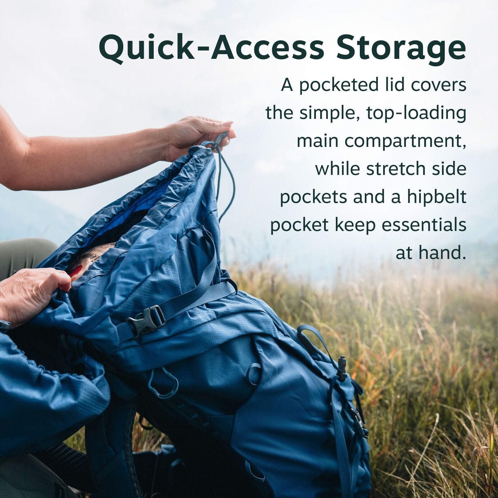 The image shows a close-up view of a person holding and accessing a blue backpack, focusing on its features. The backpack has a pocketed lid covering the main compartment, which is accessed from the top. The text on the image highlights the backpack?s qui