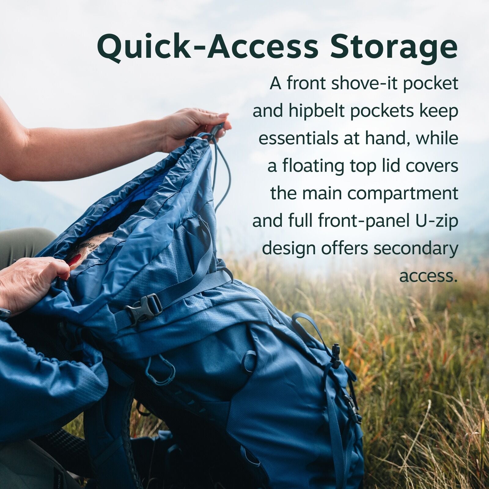 The image features a person opening a blue backpack, showcasing its storage capabilities. The setting is outdoors, suggesting a hiking or camping context, with grassy terrain in the background. On the right side of the image, text describes the backpack's