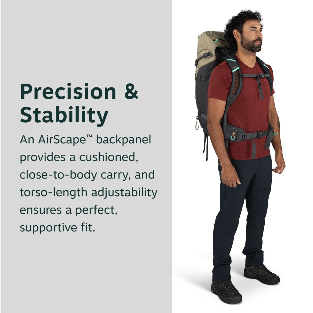 The image showcases a person wearing a large, outdoor backpack designed for hiking or trekking. The backpack features an AirScape? backpanel that provides cushioned, close-to-body carry, and its torso-length adjustability ensures a perfect, supportive fit