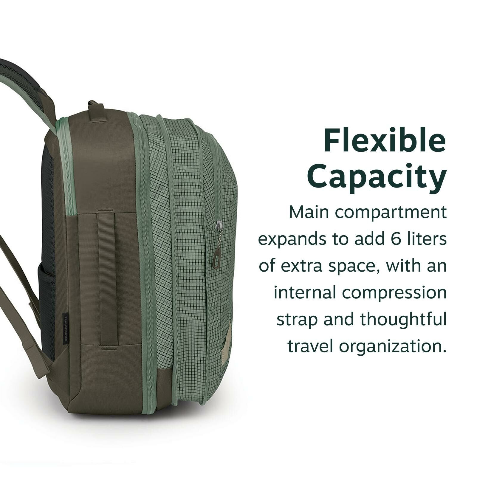 Side view of an olive green backpack with expandable compartments, showcasing flexible capacity. Text highlights 6-liter expansion and travel features.