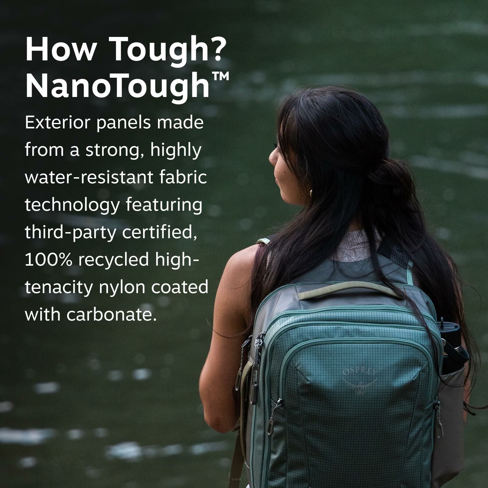 Woman with long hair facing a green body of water, wearing a backpack. Text beside her highlights the backpack's durable, eco-friendly material.