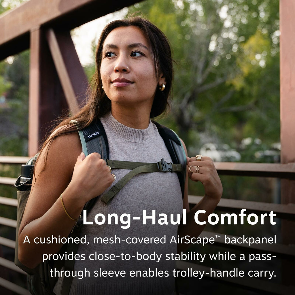 A woman wearing a backpack stands on a bridge, looking into the distance thoughtfully. Text below reads: "Long-Haul Comfort." The setting is serene.