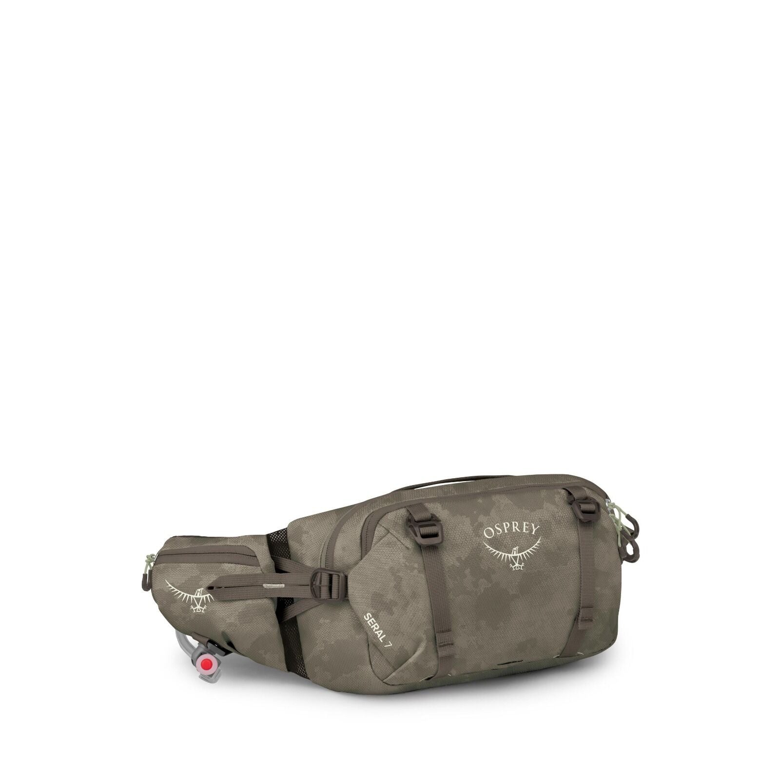 The image depicts an Osprey waist pack, specifically the Osprey Seral 7 model, designed for carrying items securely around the waist. It is shown in various colors including a digital camouflage pattern and green, featuring adjustable straps for comfort a