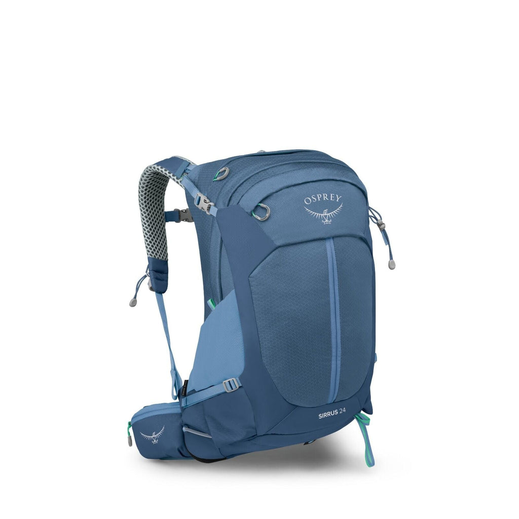 The image showcases a blue Osprey backpack, specifically labeled as the "Sirrus 24" model. This backpack features multiple compartments with zippers, providing ample storage space. It is equipped with a mesh-covered shoulder strap and a padded waist belt
