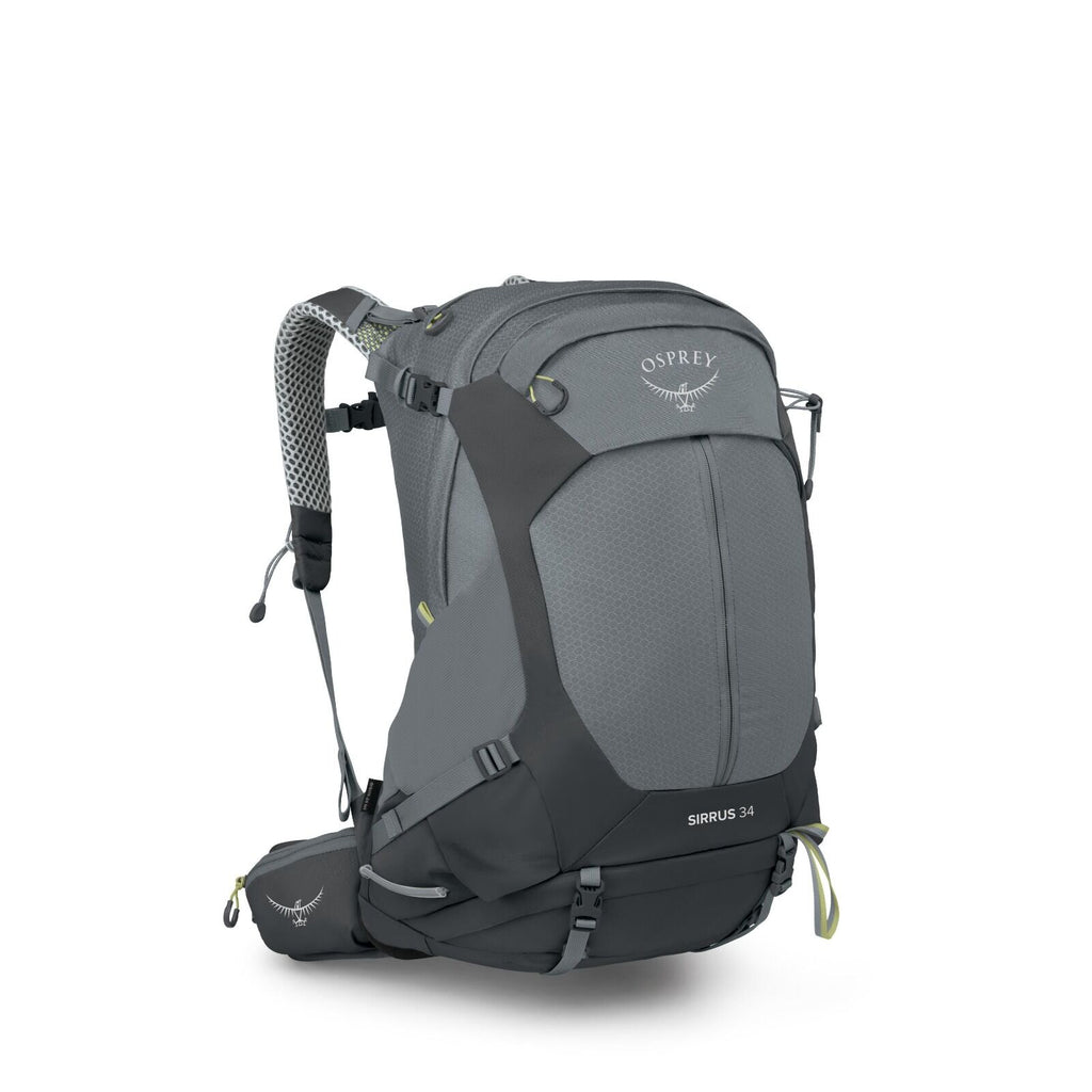 The image depicts a high-quality backpack designed for hiking, known as the Osprey Sirrus 34. It is predominantly gray with accents of black and green, featuring multiple compartments and adjustable straps for comfortable wear. The backpack includes a mes