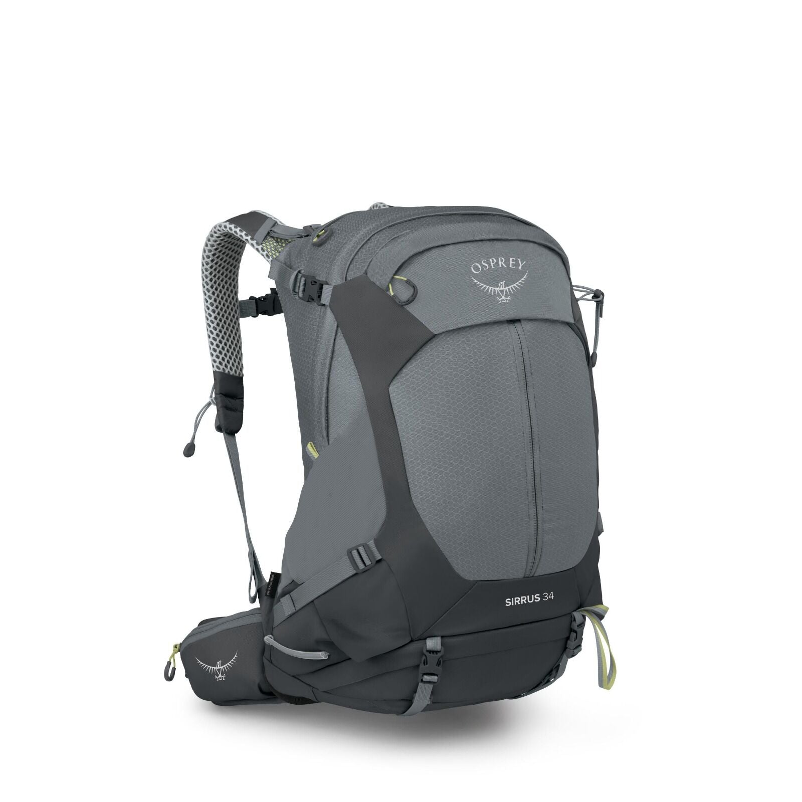 The image depicts a high-quality backpack designed for hiking, known as the Osprey Sirrus 34. It is predominantly gray with accents of black and green, featuring multiple compartments and adjustable straps for comfortable wear. The backpack includes a mes