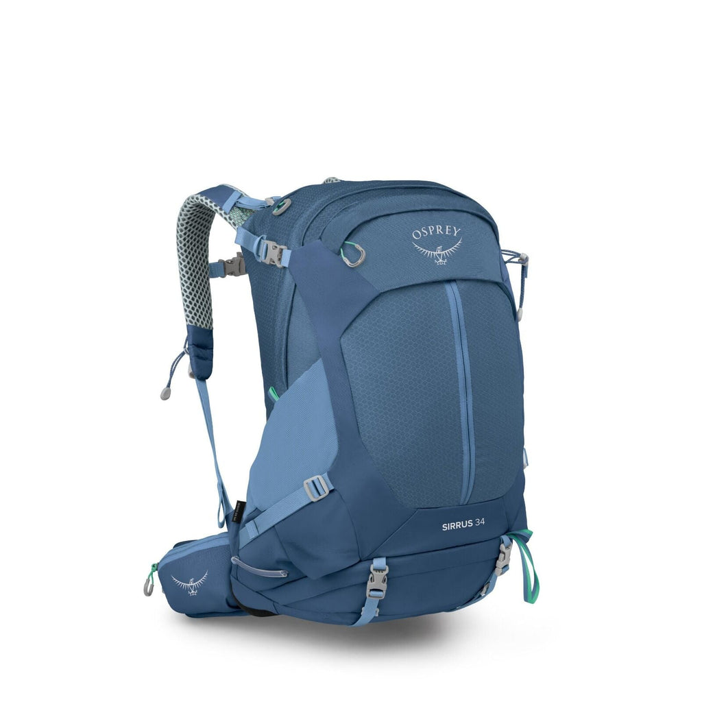 The image features a blue Osprey Sirrus 34 backpack. This hiking backpack is designed with multiple compartments, adjustable straps, and a supportive back panel, making it suitable for outdoor activities. The design includes a mesh-covered shoulder strap