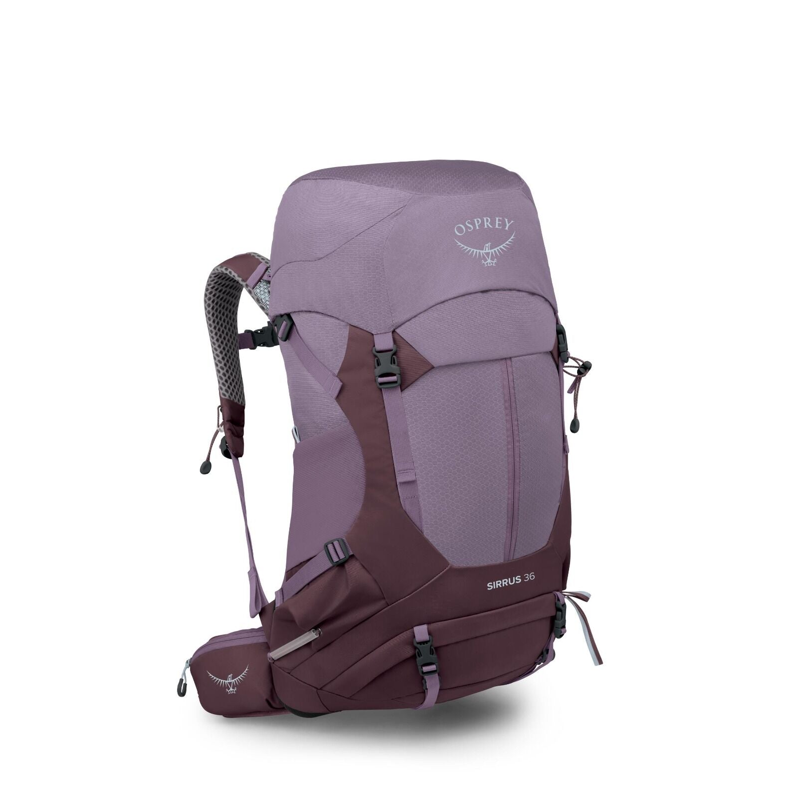 The image displays an Osprey Sirrus 36 hiking backpack in a purple color scheme with darker purple accents. The backpack features multiple compartments, adjustable straps, and padding for comfort during hikes. The Osprey logo, an emblem of a bird with out