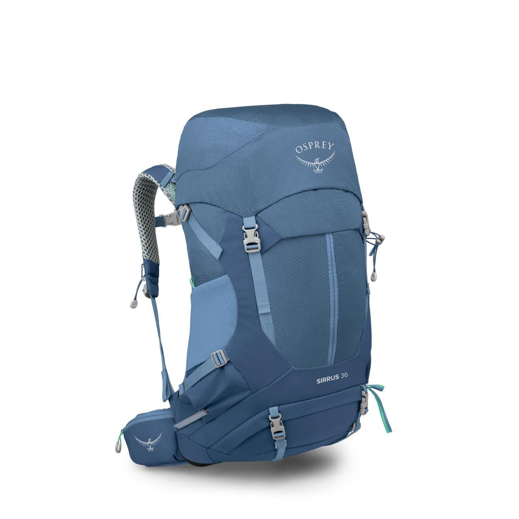 The image showcases a blue Osprey hiking backpack labeled "SIRRUS 36". The backpack has a sleek design with various compartments, buckles, and adjustable straps for convenience and functionality. The Osprey logo, depicting a stylized bird, is prominently