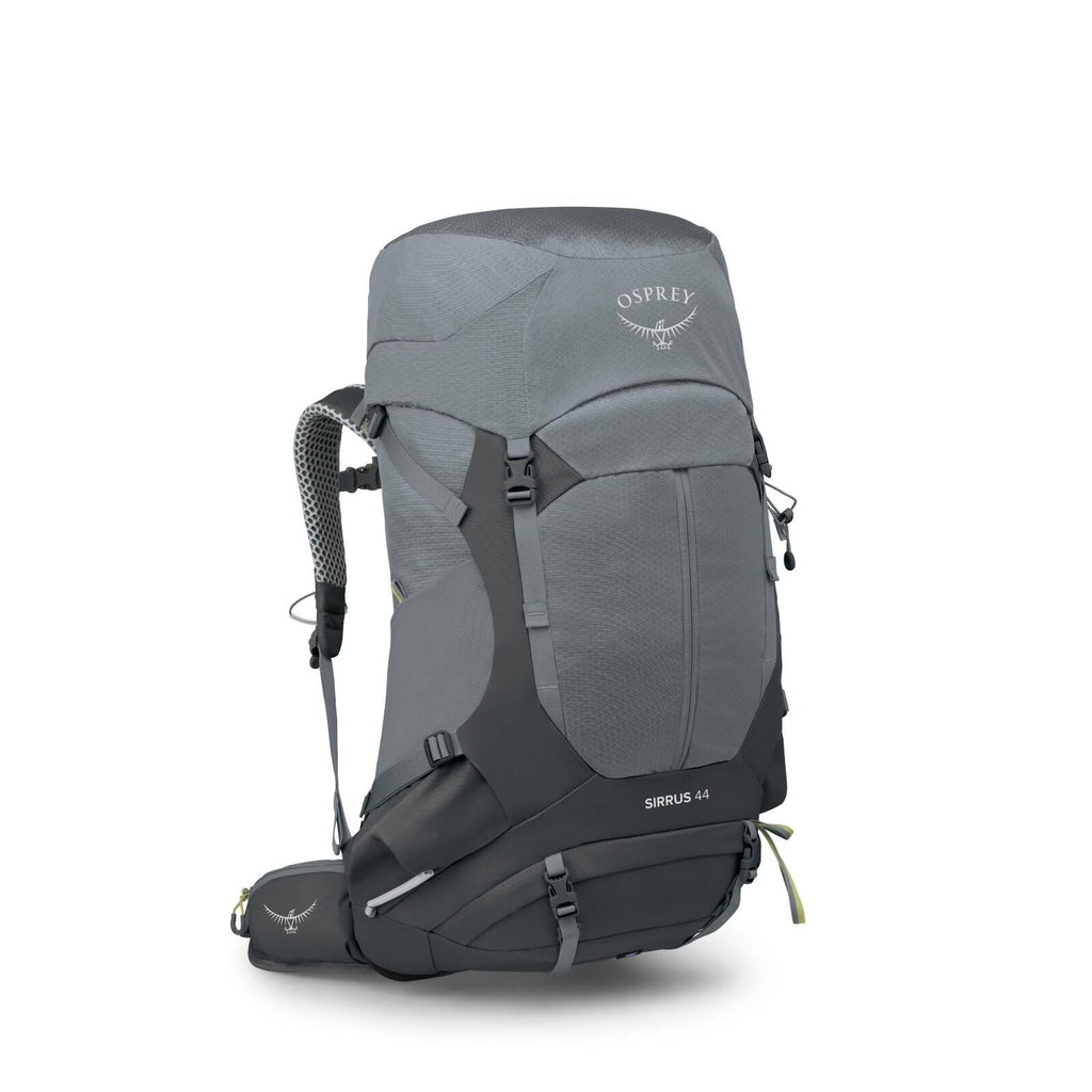 The image shows a high-quality hiking backpack made by Osprey, specifically their Sirrus 44 model. The backpack is primarily gray with a sleek design and multiple compartments, including a large main storage area, front zipper pocket, and side pockets for