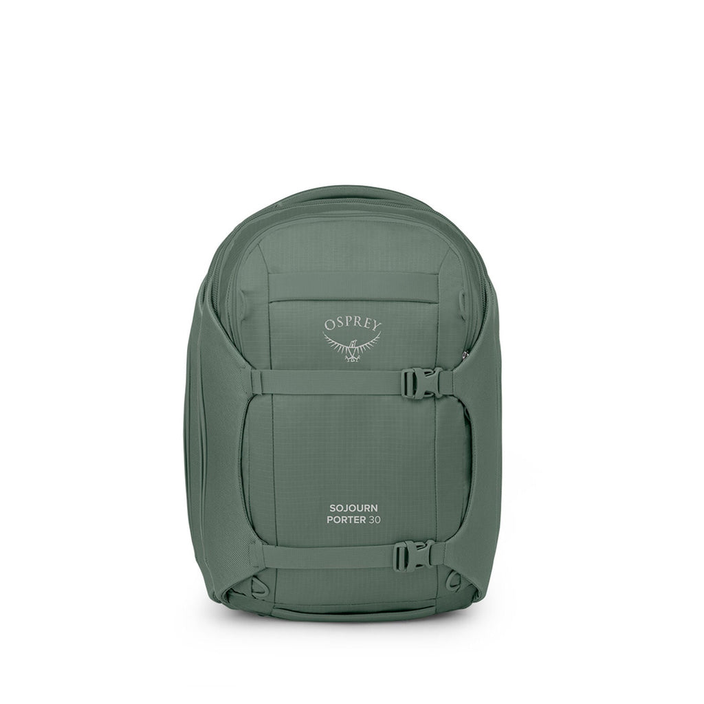 Front image of the Osprey Sojourn Porter Travel Pack 30 in the color Koseret Green