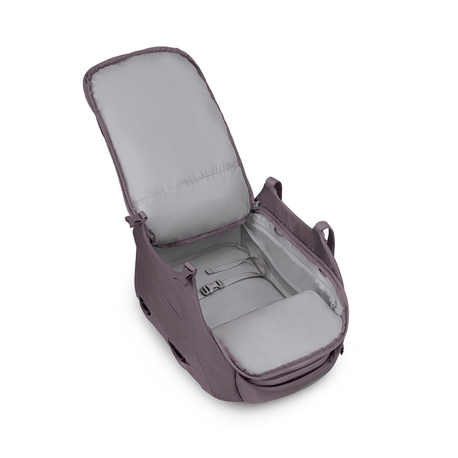 Internal image of the Osprey Sojourn Porter Travel Pack 30 in the color Graphite Purple
