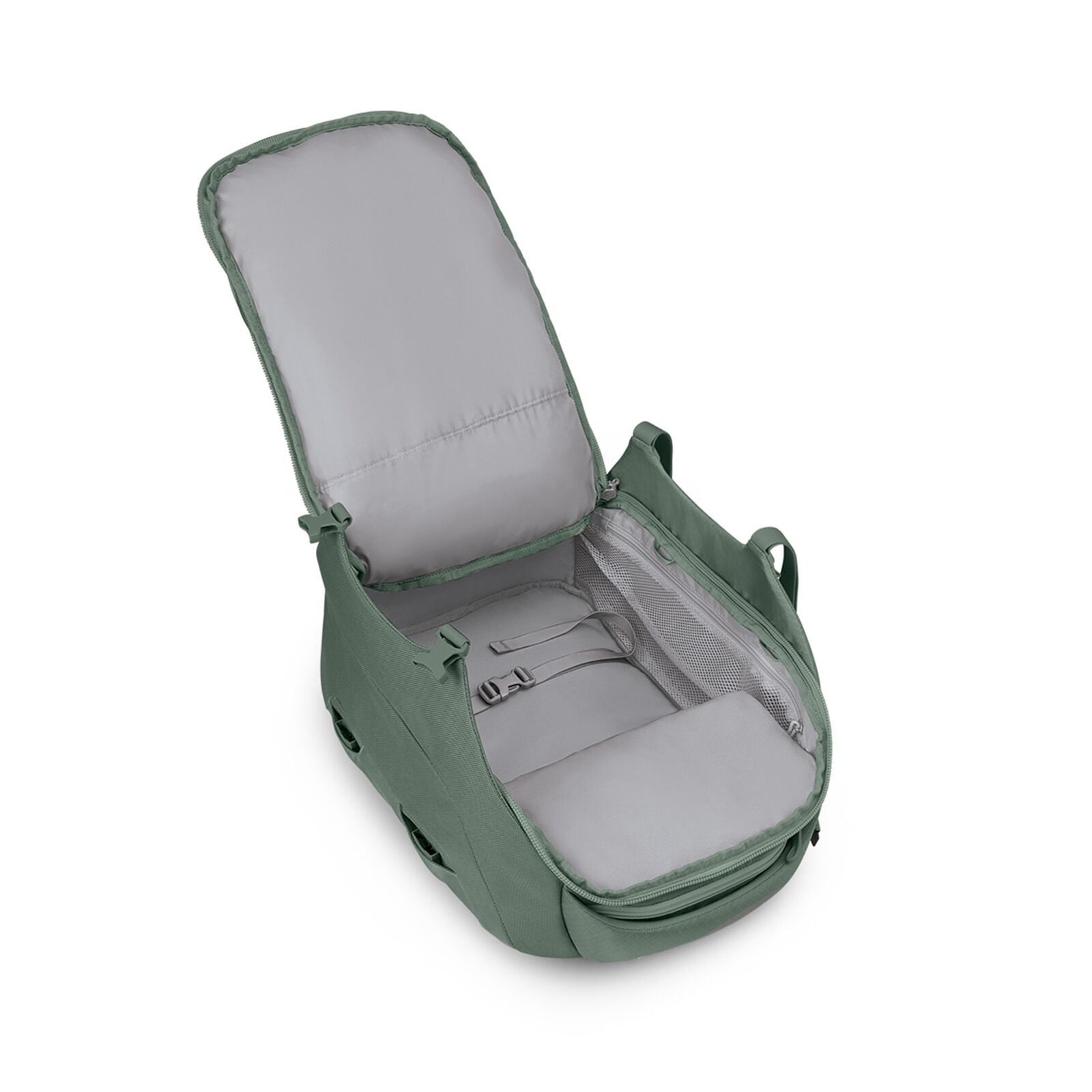 Internal image of the Osprey Sojourn Porter Travel Pack 30 in the color Koseret Green