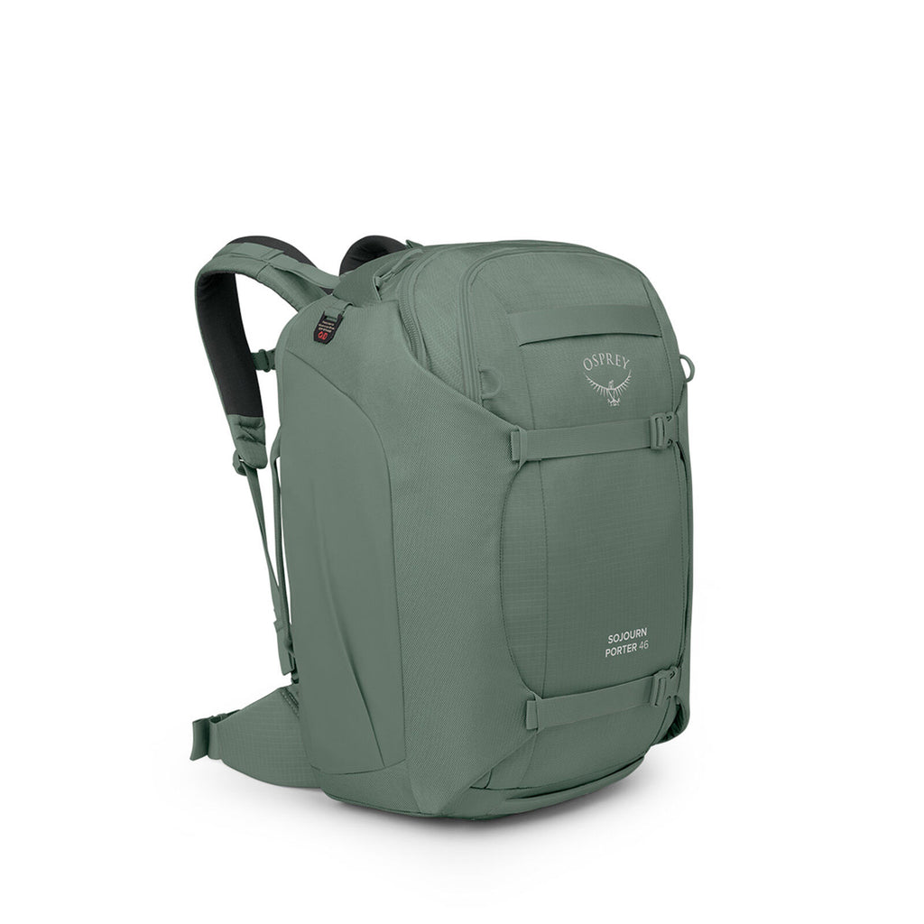 Side image of the Osprey Sojourn Porter Travel Pack 46 in the color Koseret Green