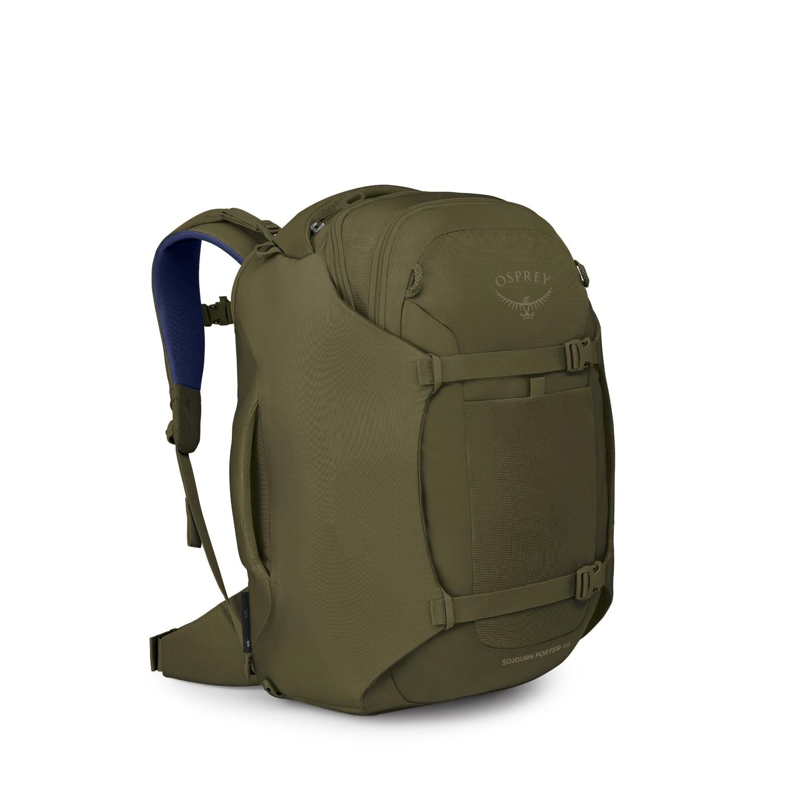 A green Osprey backpack is shown from a three-quarter angle on a white background. It has a streamlined, travel-ready design with a large front panel, compression straps, and multiple zippered compartments. The shoulder straps and hip belt are padded, wit