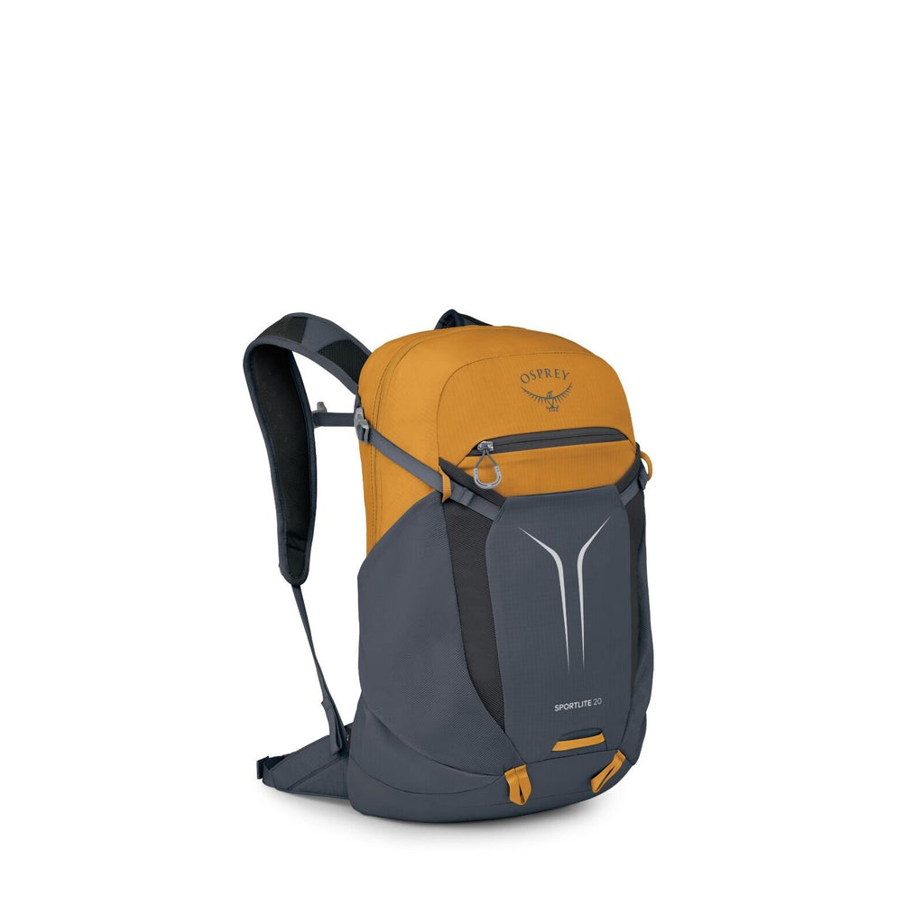 The image depicts an Osprey backpack, specifically the Sportlite 20 model. It is designed with an orange and dark gray color scheme, with the top section being orange and the lower section in gray. The backpack has adjustable shoulder straps and a waist s