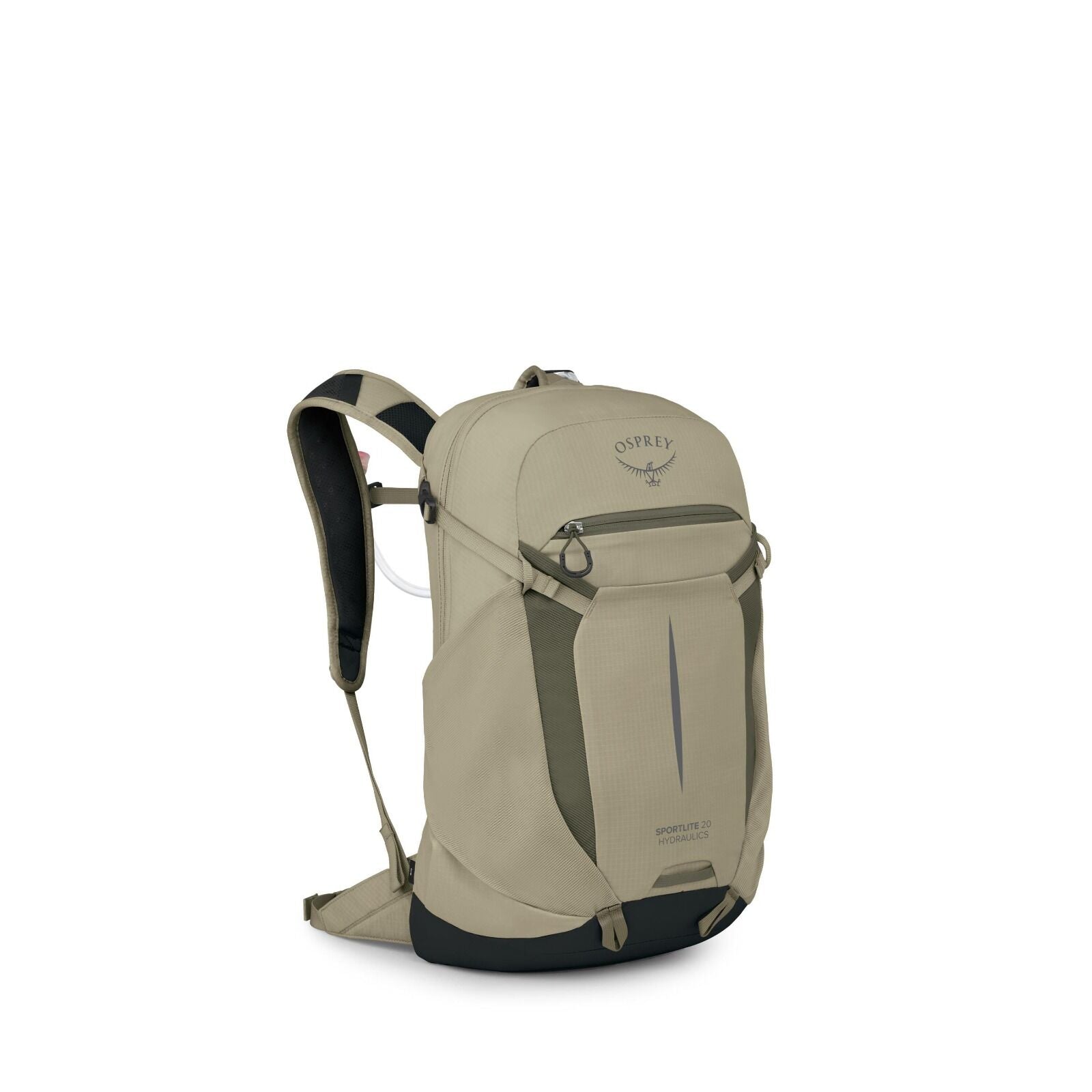 The image showcases a tan-colored backpack, specifically the Osprey Sportlite 20 Hydraulics model. It features a sleek design with a streamlined exterior and several compartments for storage. The backpack has adjustable straps for comfort and a hydration