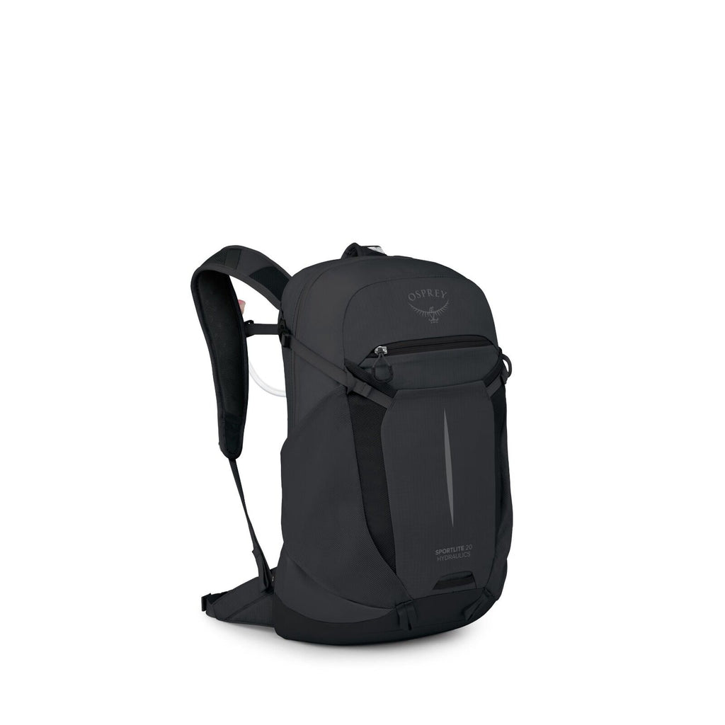 The image features a sleek, black Osprey Sportlite 20 backpack, positioned at an angle to showcase its design. The backpack has a streamlined, modern look with a prominent Osprey logo on the top front, above a small zippered pocket. It includes padded sho