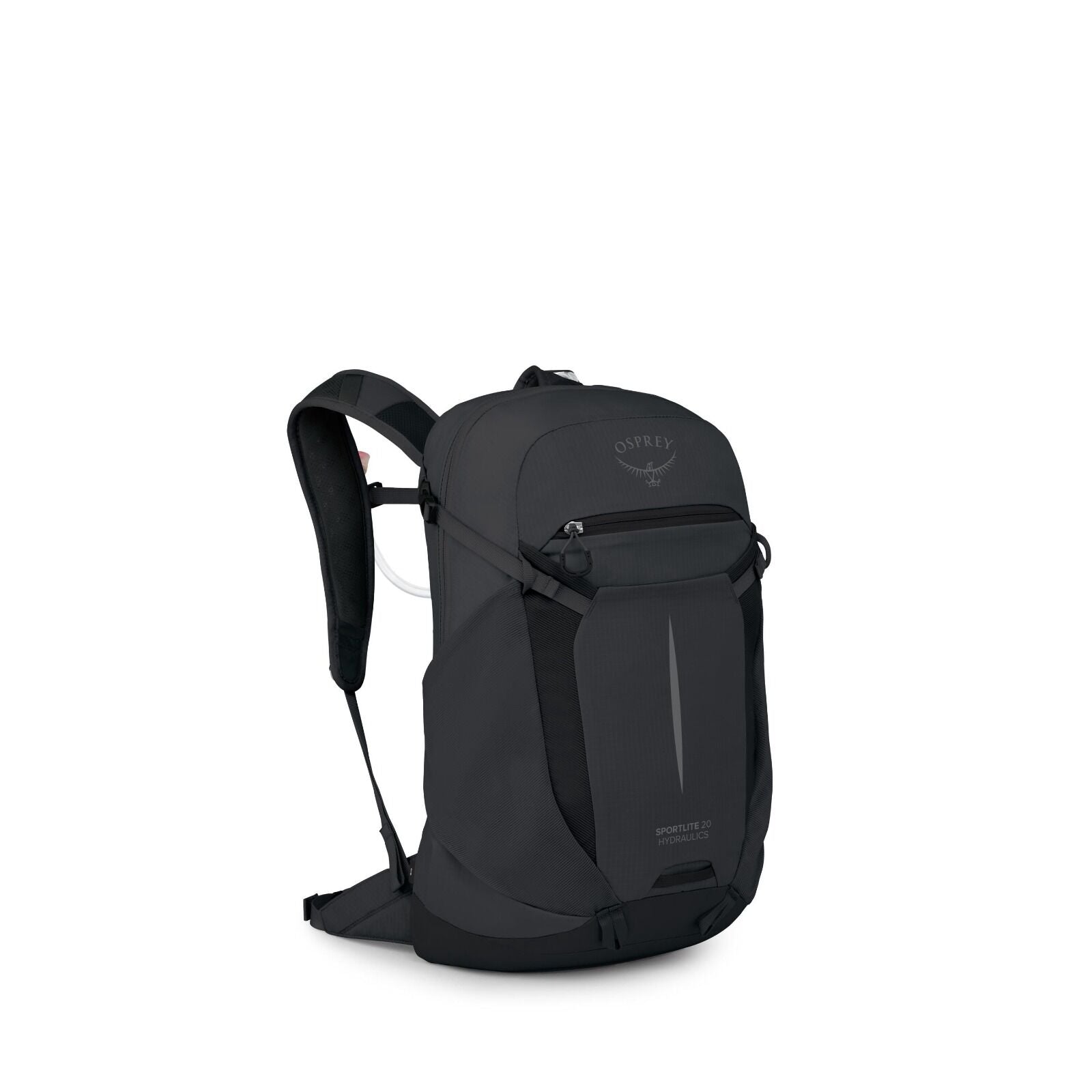 The image features a sleek, black Osprey Sportlite 20 backpack, positioned at an angle to showcase its design. The backpack has a streamlined, modern look with a prominent Osprey logo on the top front, above a small zippered pocket. It includes padded sho