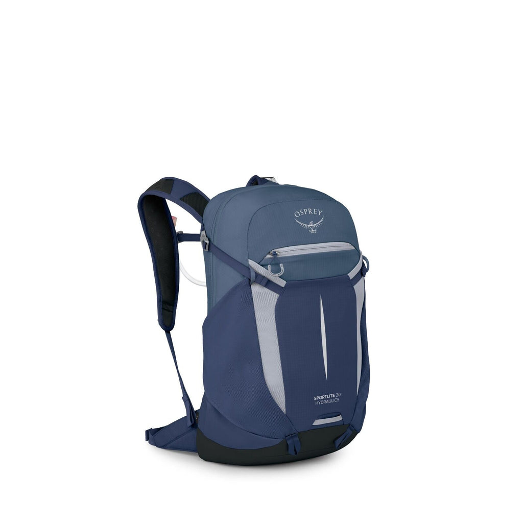 The image features a blue and gray backpack designed by Osprey, labeled as the Sportlite 20 with Hydraulics. The backpack has a sleek design, showcasing a combination of deep blue and lighter gray tones with reflective accents for visibility. The front se