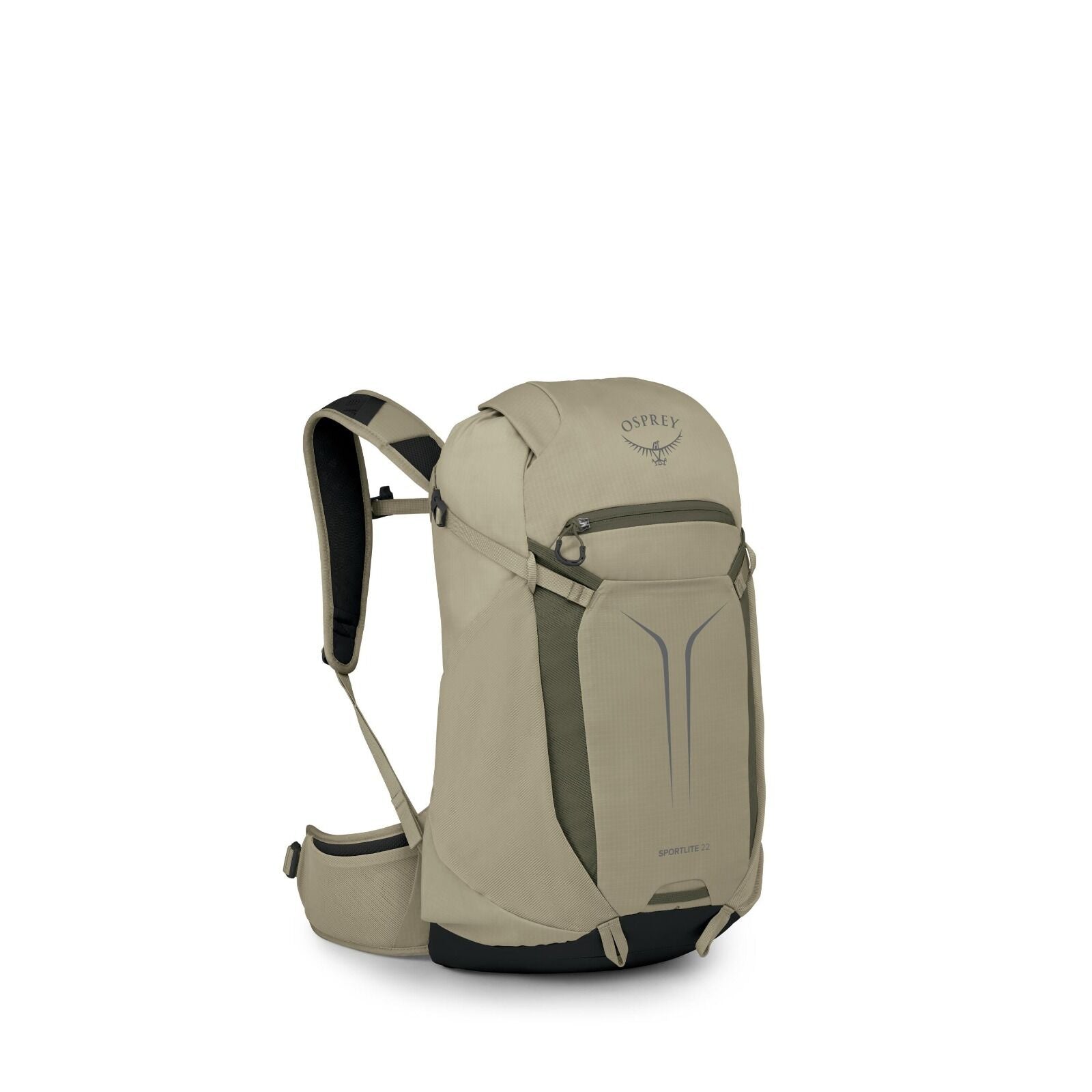 The series of images displays a backpack that gradually diminishes into fragments and eventually disappears. The backpack is branded with the logo "OSPREY" and features the model name "SPORTLITE 22" on its front. It has a beige and olive color scheme, wit